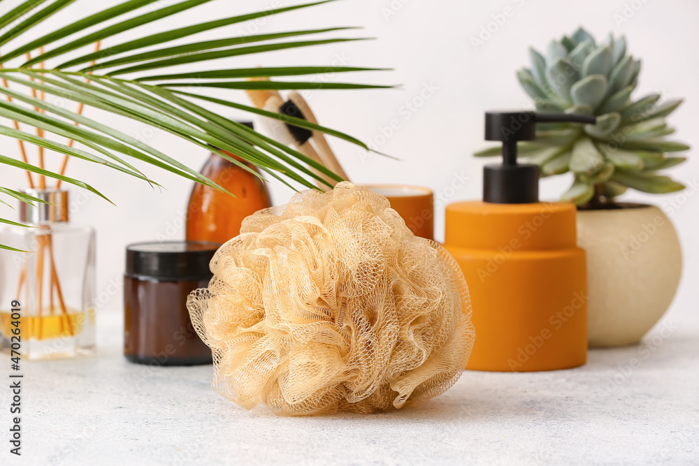 Sponge, bath supplies and houseplant on light table