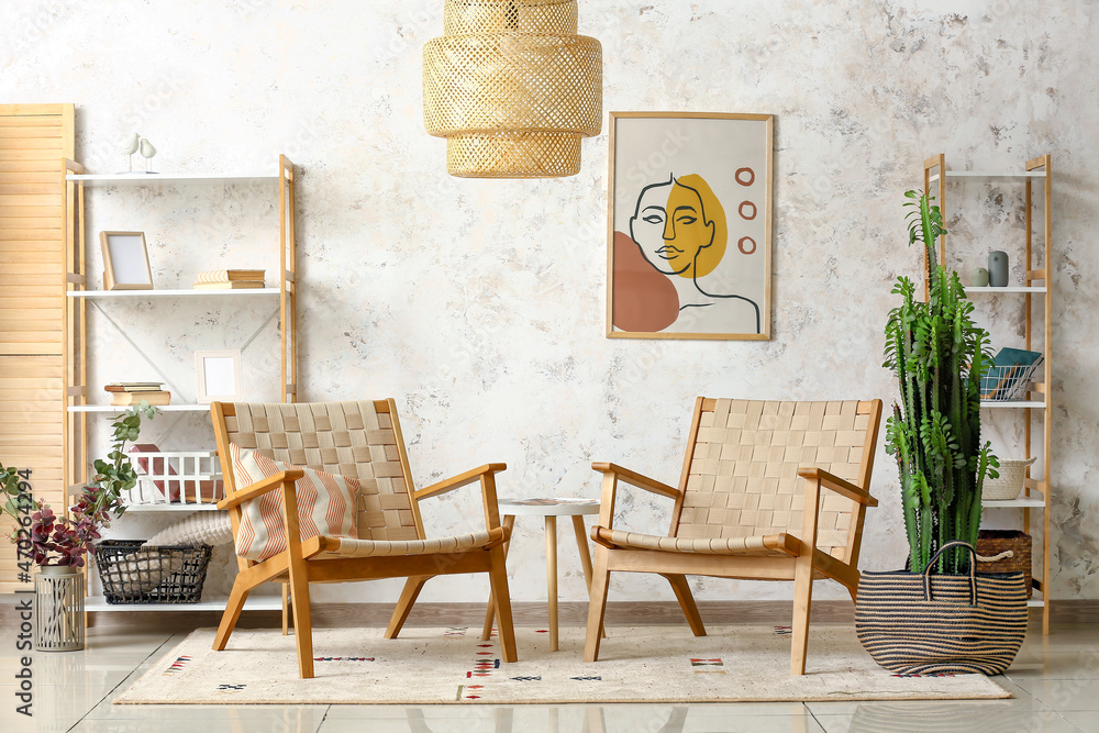 Interior of stylish living room with cactus