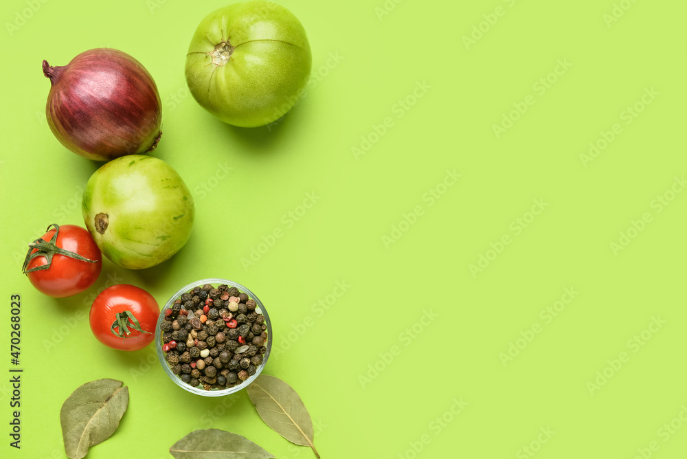 Ingredients for preparing canned tomatoes on color background