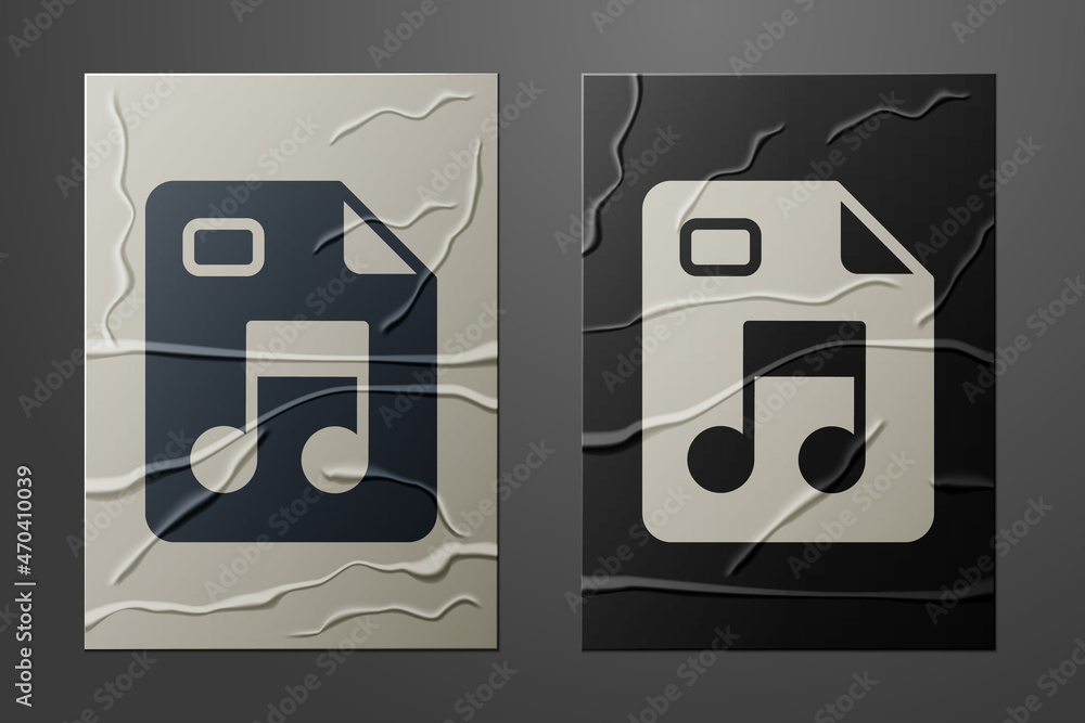 White MP3 file document. Download mp3 button icon isolated on crumpled paper background. Mp3 music f