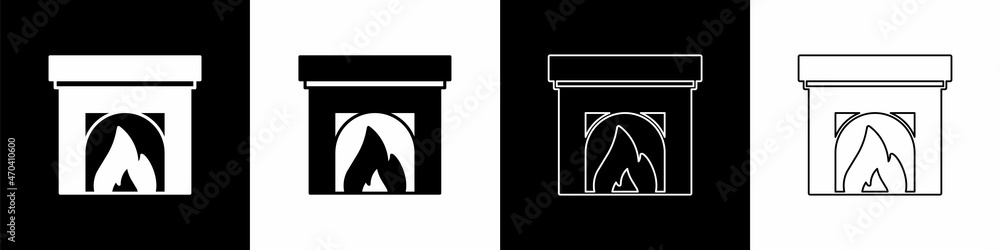 Set Interior fireplace icon isolated on black and white background. Vector