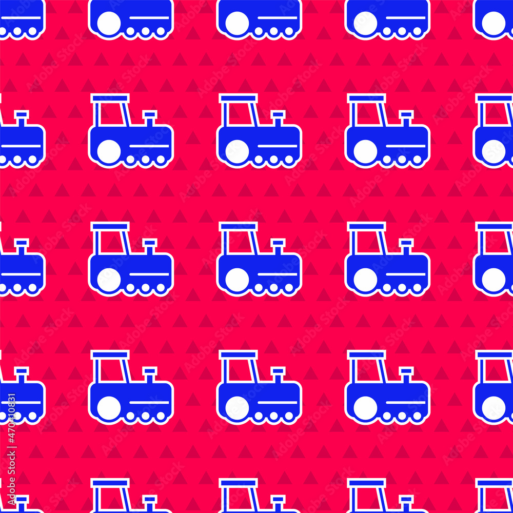 Blue Toy train icon isolated seamless pattern on red background. Vector