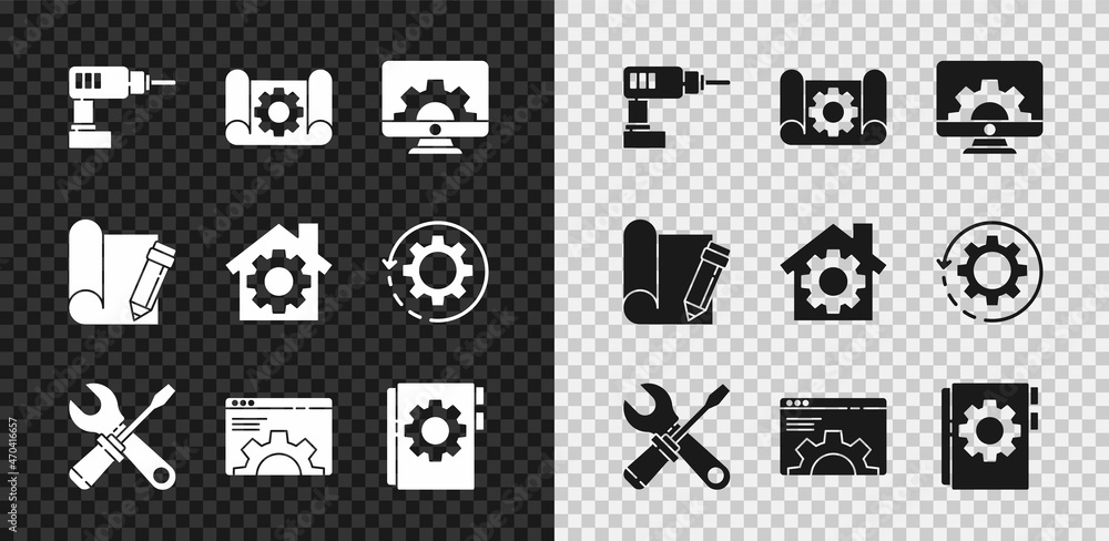 Set Electric drill machine, Graphing paper and gear, Computer monitor, Screwdriver wrench spanner, B