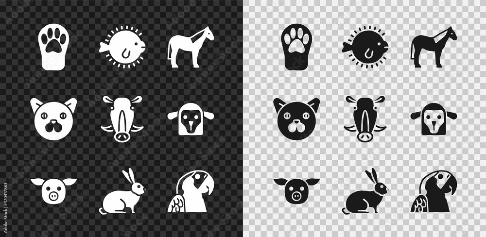 Set Paw print, Puffer fish, Horse, Pig, Rabbit, Macaw parrot, Cat and Wild boar head icon. Vector