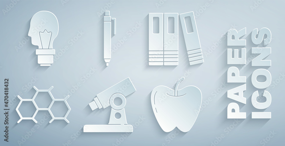 设置显微镜，办公文件夹，化学配方，苹果，钢笔和灯泡，概念ico