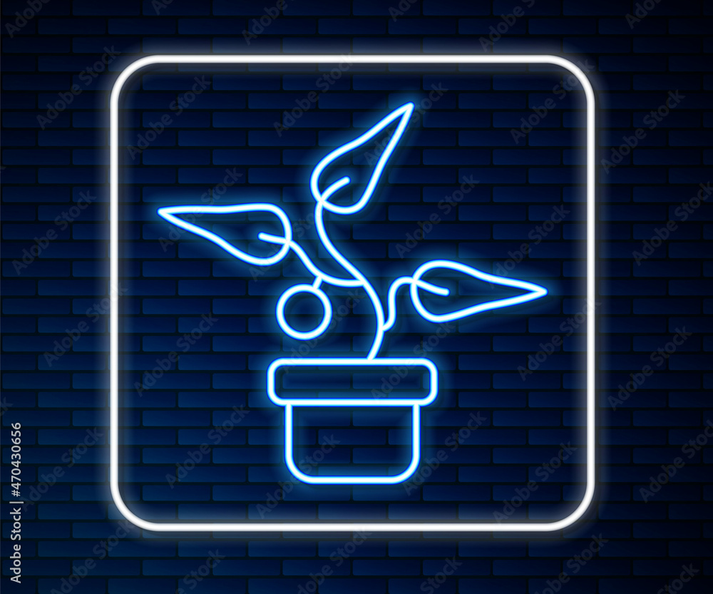 Glowing neon line Plant in pot icon isolated on brick wall background. Plant growing in a pot. Potte