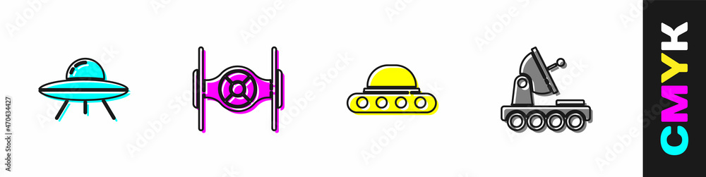 设置不明飞行物飞行飞船、宇宙飞船和火星车图标。矢量