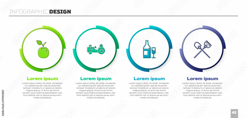 设置苹果、拖拉机、带玻璃和铲子的酒瓶。商业信息图模板。矢量