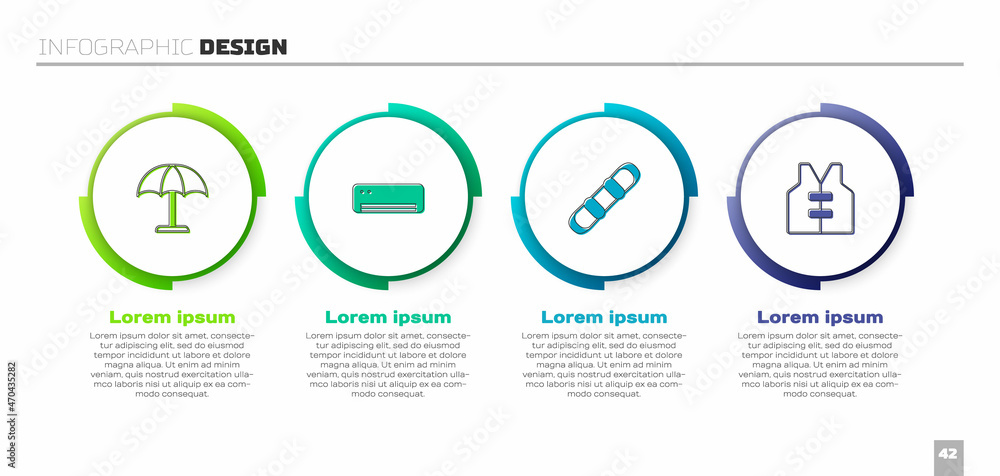 设置遮阳伞、空调、滑雪板和救生衣。商务信息图templa
