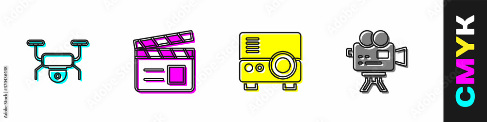 设置无人机飞行、电影拍板、媒体投影仪和复古电影摄像机图标。矢量