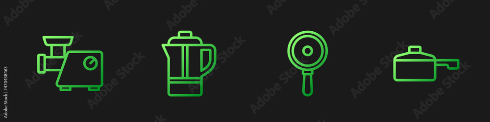 Set line Frying pan, Kitchen meat grinder, Teapot and . Gradient color icons. Vector