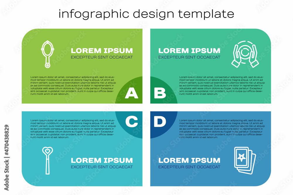 设置线条魔杖、手镜、三张塔罗牌和球。商业信息图形模板。Vect