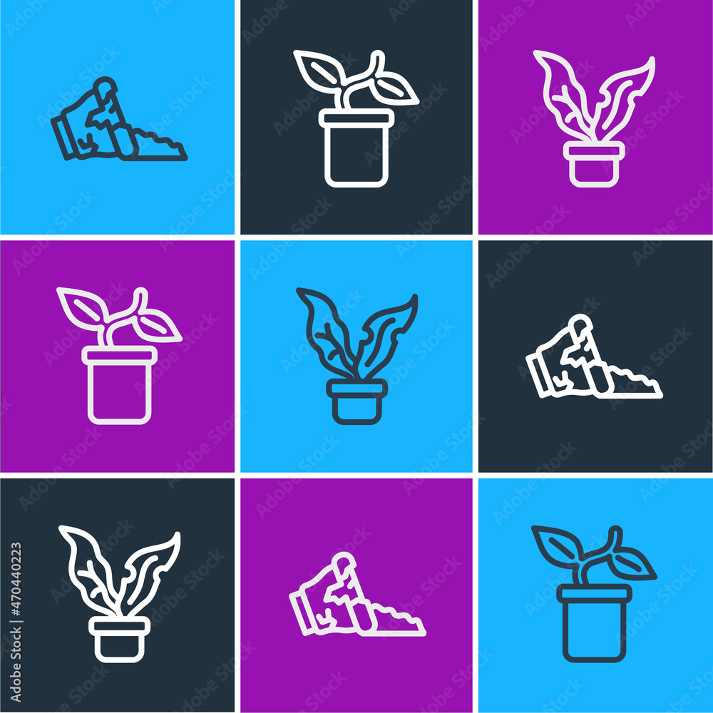 设置线Broken pot，Plant in和icon.Vvector