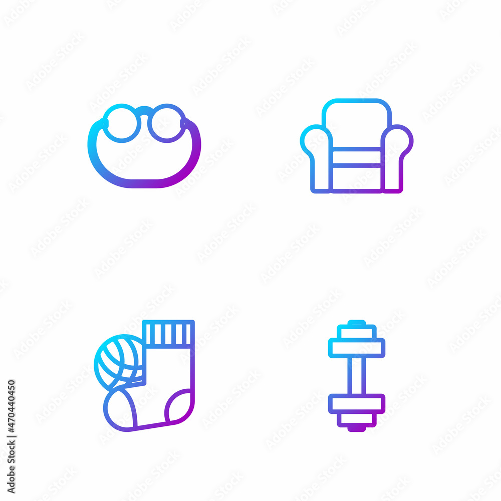 Set line Dumbbell, Socks, Eyeglasses and Armchair. Gradient color icons. Vector