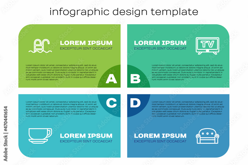 套装咖啡杯、游泳池、沙发和智能电视。商业信息图模板。矢量
