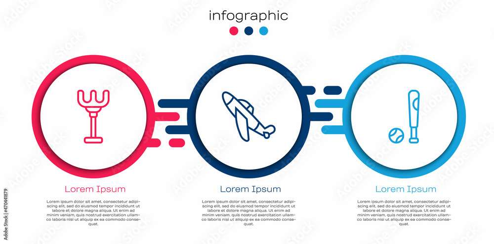 Set line Rake toy, Toy plane and Baseball bat with ball. Business infographic template. Vector