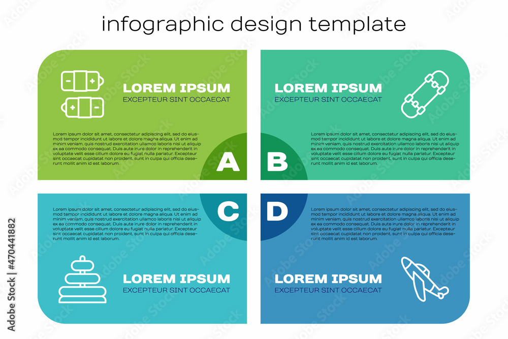 设置线金字塔玩具，电池，玩具飞机和滑板。商业信息图模板。矢量