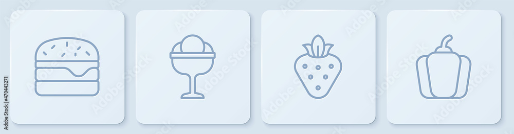 Set line Burger, Strawberry, Ice cream in the bowl and Bell pepper. White square button. Vector