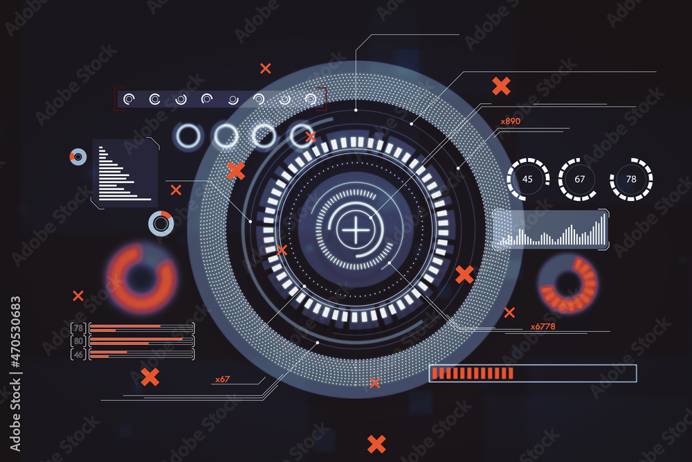带有红十字的抽象圆形接口。Hud，未来，安全和网络攻击概念。3D渲染。