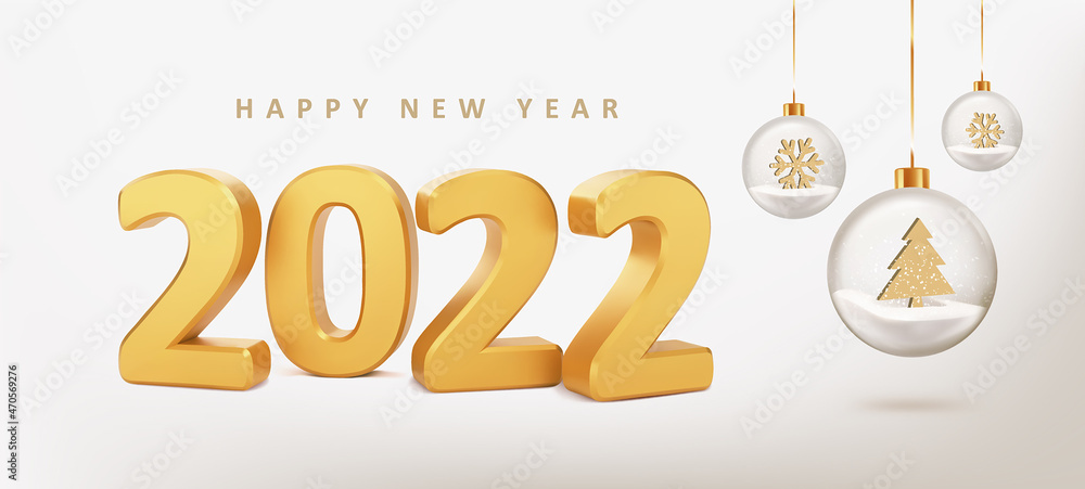 2022年新年快乐。2022年新年卡片，数字2022，米色背景，玻璃球。真实