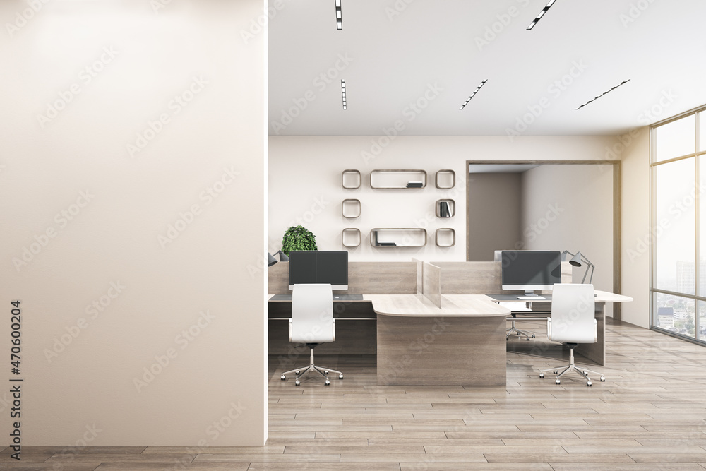 Modern office interior with wooden furniture, empty mock up place on wall, equipment, window with ci