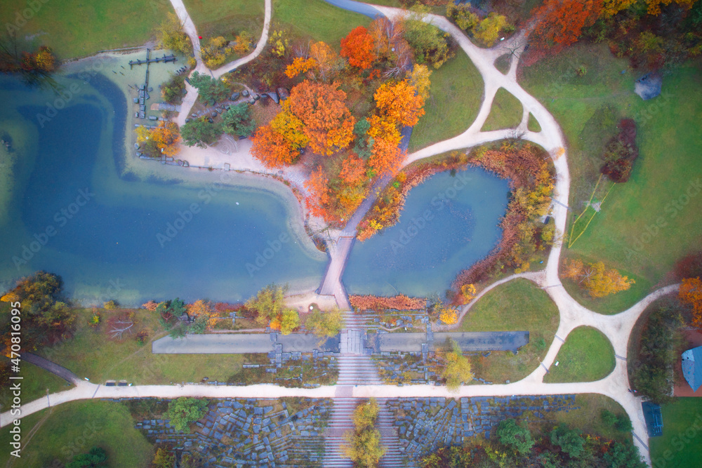 Aerial view of Irchel park with pond at City of Zürich on a rainy autumn day. Photo taken November 1