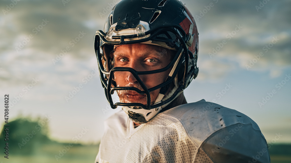 American Football Championship Game: Portrait of Professional Player, Wearing Helmet, Looking at Cam