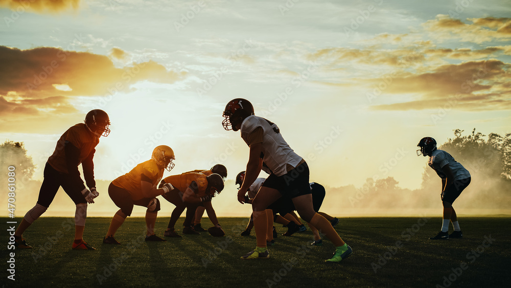 American Football Field Two Teams Compete: Players Pass and Run Attacking to Score Touchdown Points.