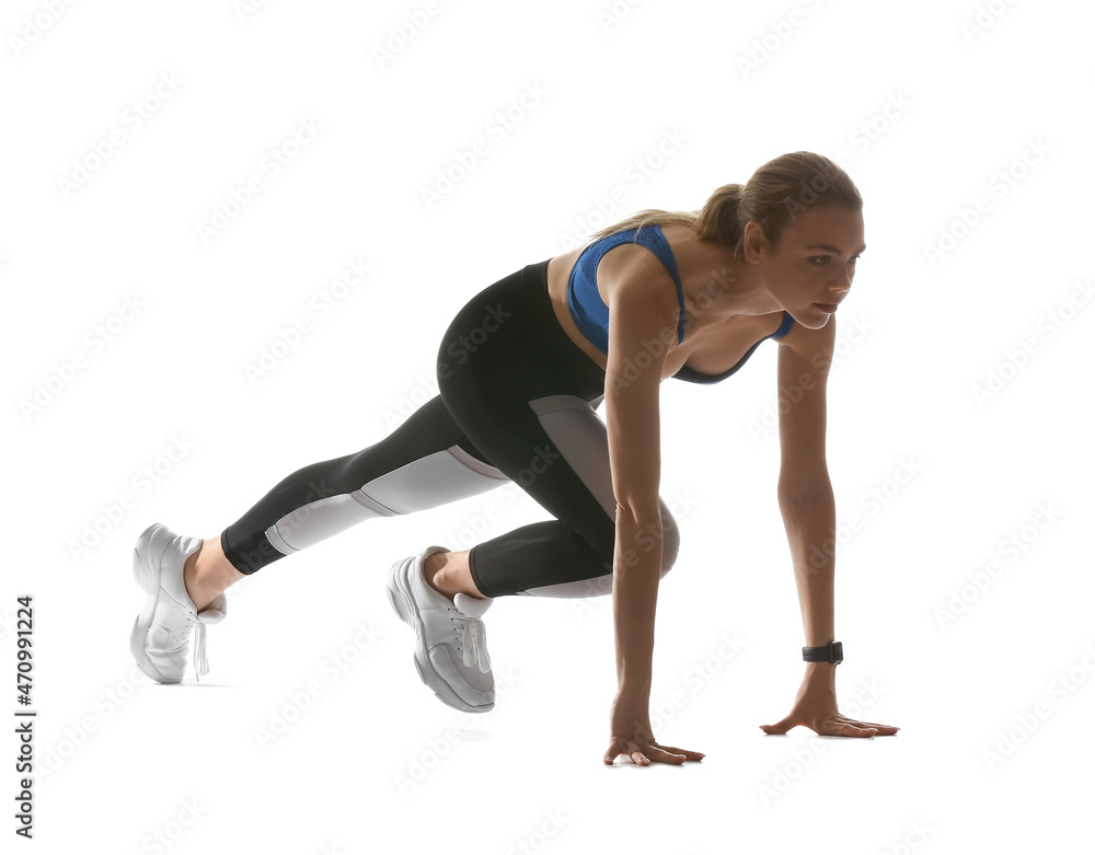 Silhouette of sporty female runner on white background