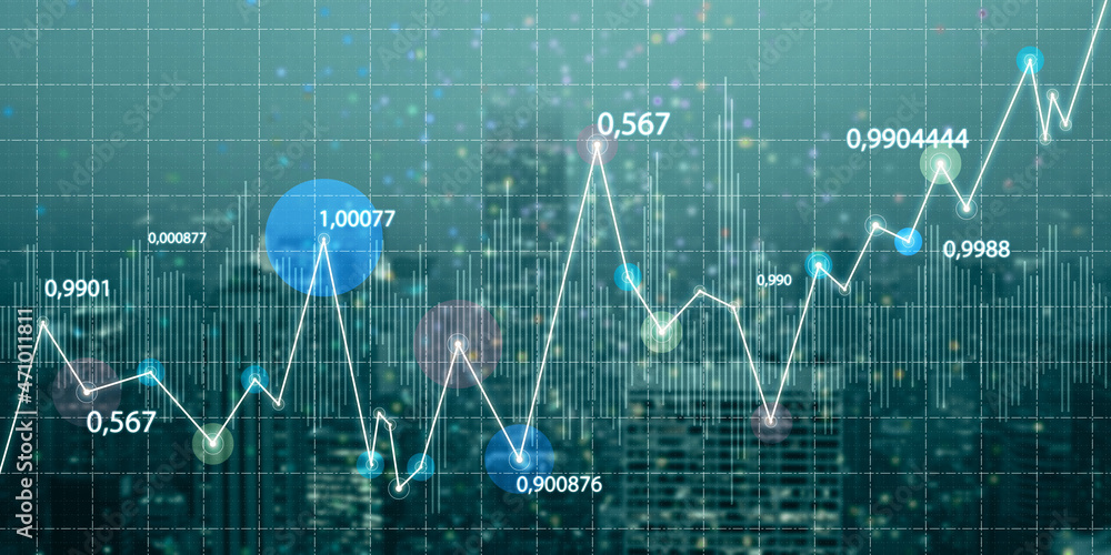 模糊网格夜城背景下抽象发光的商业图表。数字经济与大数据骗局