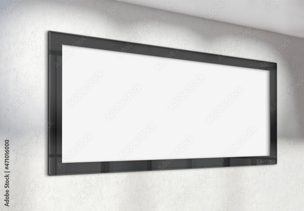 Panoramic frame Mockup hanging on office concrete wall. Mock up of a large billboard in modern compa