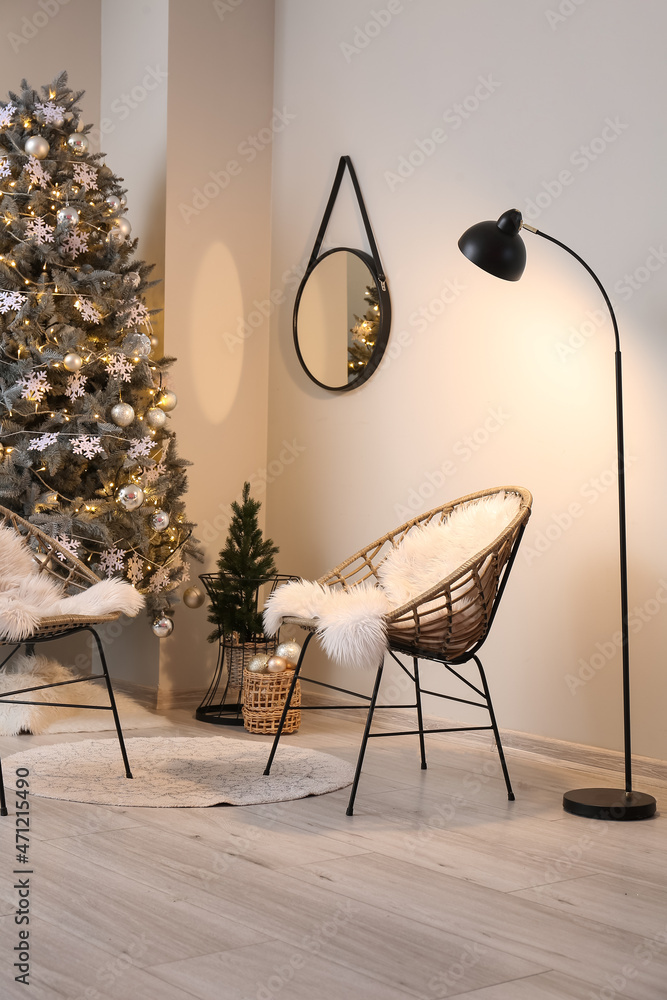 Interior of modern living room with Christmas tree