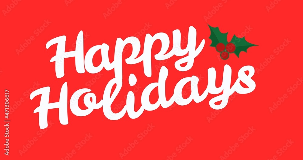 Happy holidays in white font with cherries and leaves on red background