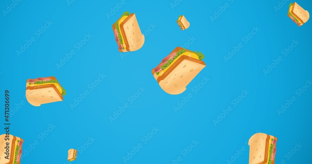 Digital composite image of falling cheese sandwiches against blue background