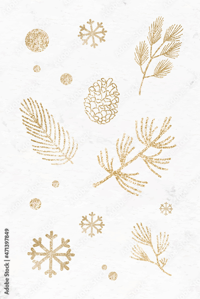 Glittery pine branch and conifer cone pattern vector