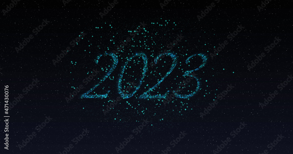 闪烁的蓝色字母和烟花中的2023年图像