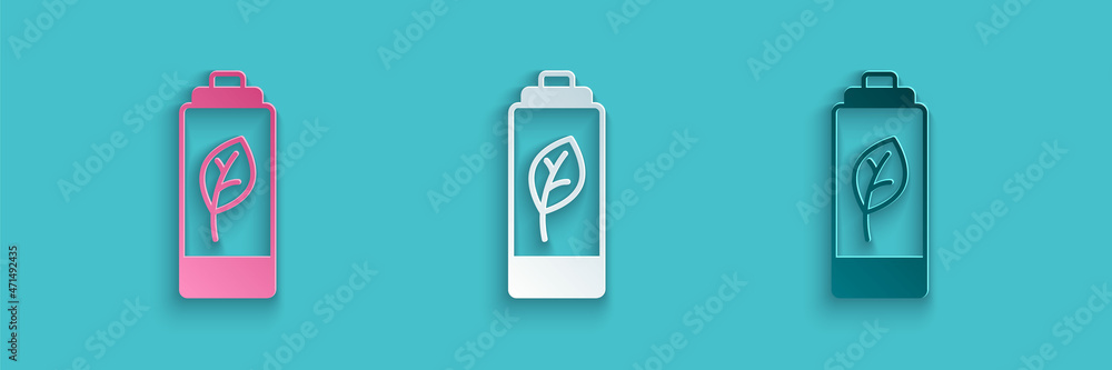 Paper cut Eco nature leaf and battery icon isolated on blue background. Energy based on ecology savi