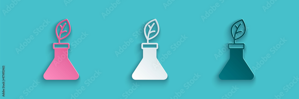 Paper cut Plant breeding icon isolated on blue background. Plants growing in the test tubes. Organic