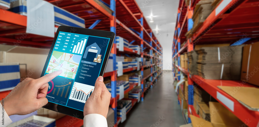 Warehouse management innovative software in computer for real time monitoring of goods package deliv