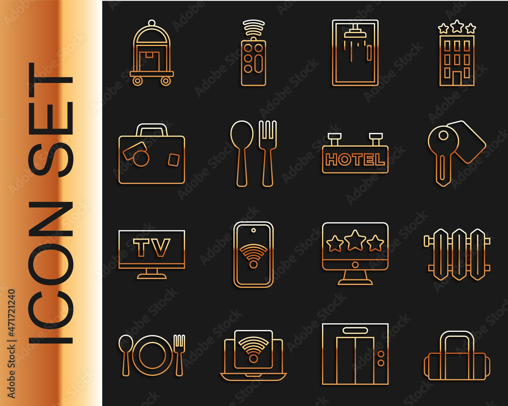 Set line Suitcase, Heating radiator, Hotel door lock key, Shower cabin, Fork and spoon, and Signboar