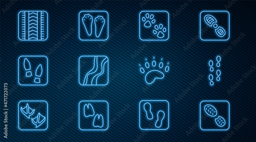 设定线人类足迹鞋，爪，蛇爪，轮胎轨迹，熊和兔子以及兔子图标。矢量