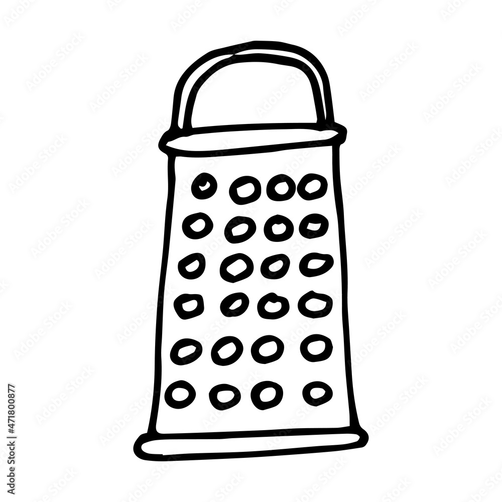 vector drawing in the style of doodle. grater. kitchen utensils, metal grater. clipart isolated on w