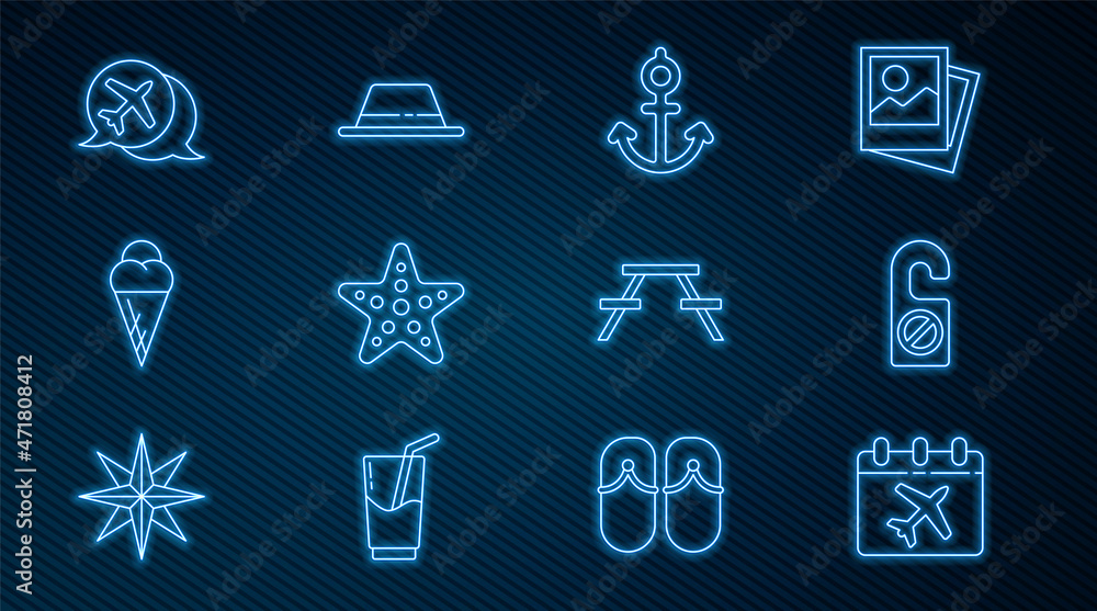 Set line Calendar and airplane, Please do not disturb, Anchor, Starfish, Ice cream in waffle cone, S