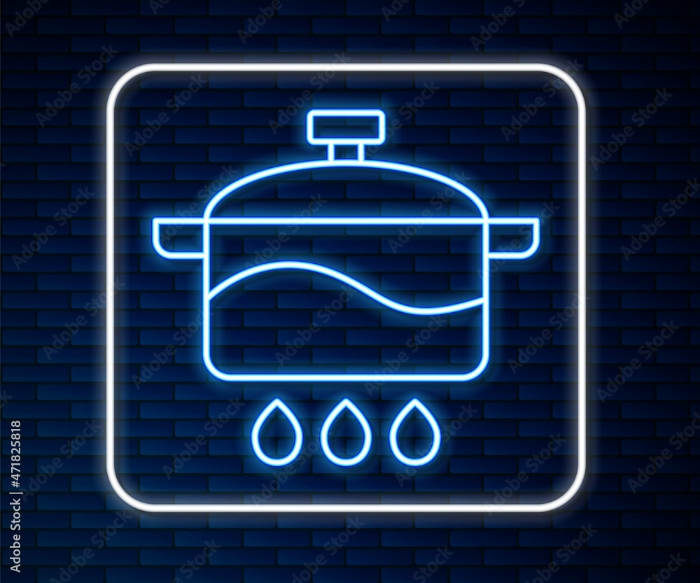 Glowing neon line Cooking pot icon isolated on brick wall background. Boil or stew food symbol. Vect