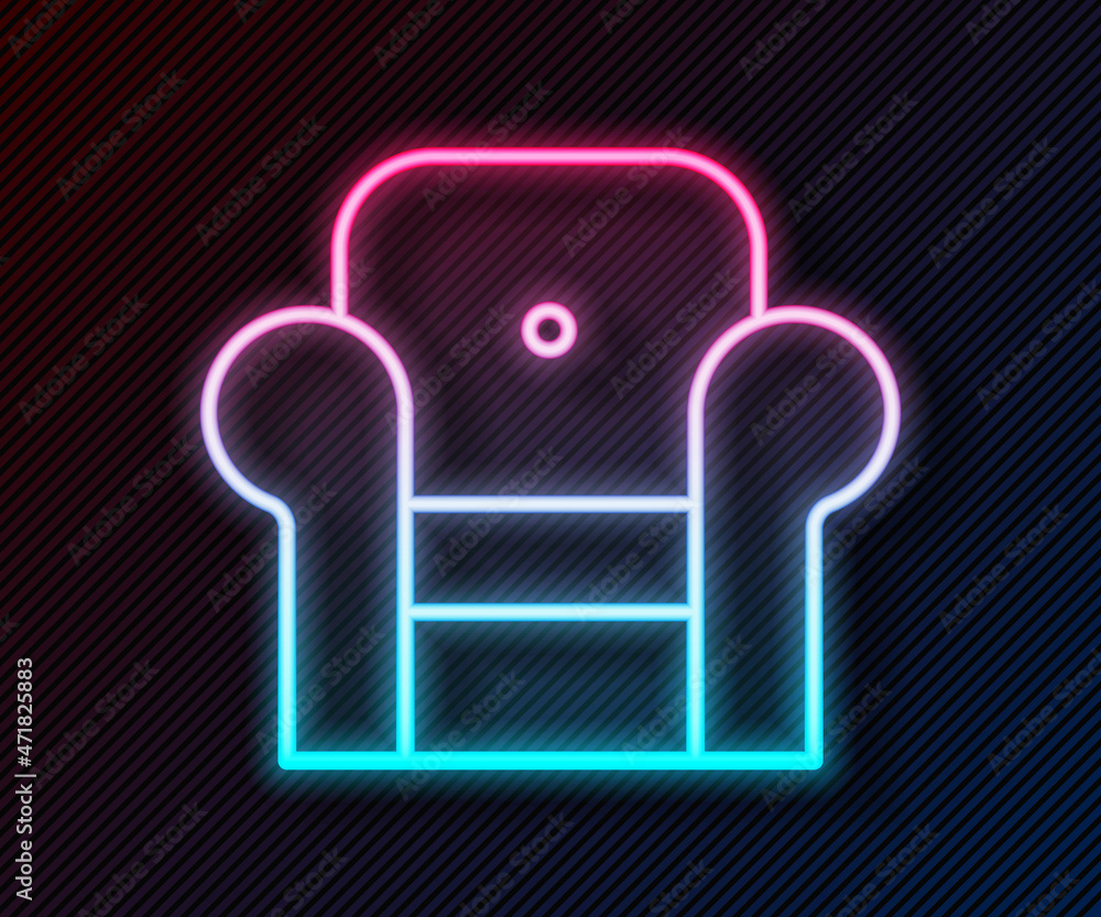 Glowing neon line Armchair icon isolated on black background. Vector