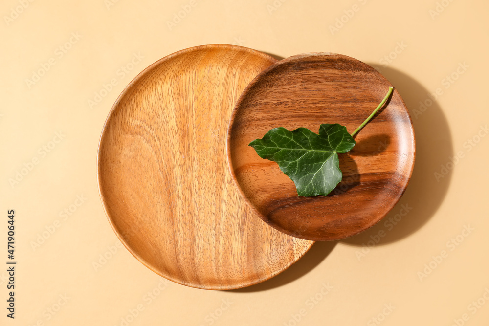 Wooden plates and ivy leaf on color background