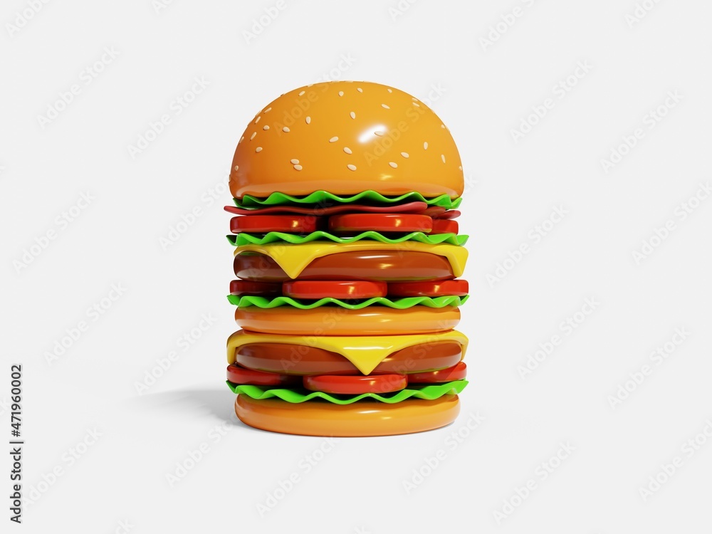 Big hamburger (burger sandwich) isolated on white background. American fast food, 3D Illustration