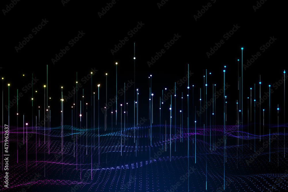 黑暗背景下的创意数字波。技术和科学概念。3D渲染。