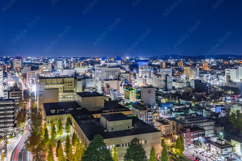 栃木県庁舎から見える明かりが綺麗な夜の街並み