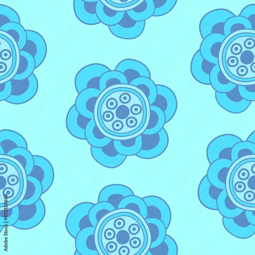 Seamless leaf flower pattern, blue shades and tones. Vector graphics